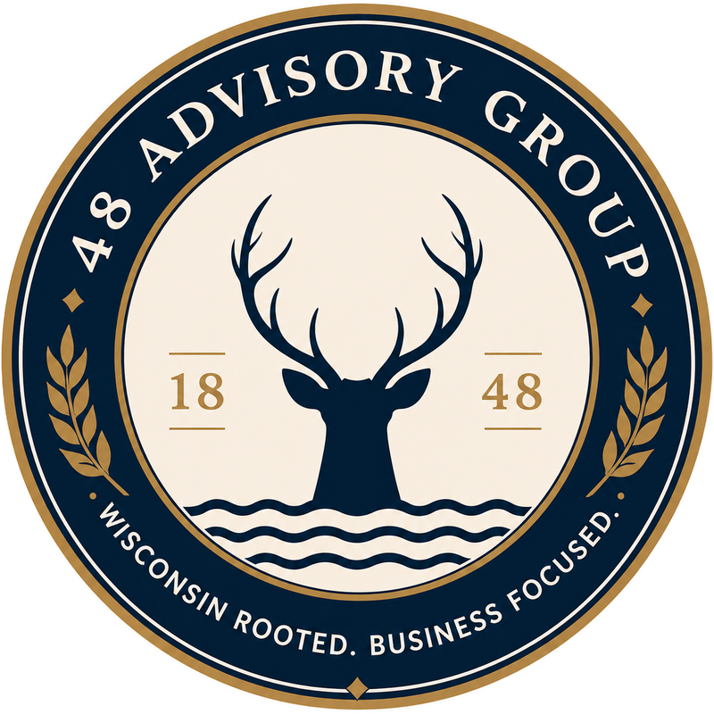 48 Advisory Group badge: a stag over Lake Michigan water flanked by Wisconsin grain, 1848. Wisconsin rooted, business focused.